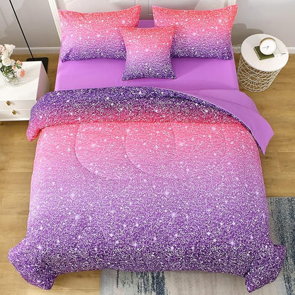 JQinHome Pink Purple Comforter Set Full/Queen Size, 6 Piece Bed in A Bag 3D Colorful Bedding Set for Girls Women (1 Comforter,2 Pillowcases,1 Flat Sheet,1 Fitted Sheet,1 Cushion Cover)