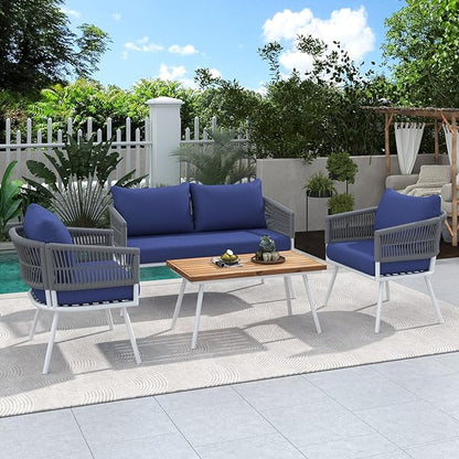 4-Piece Outdoor Patio Furniture Boho Rope Weave Set, Conversation Loveseat Sofa&Chairs with Acacia Wood Table and Thick Cushions, for Garden Backyard Balcony, Onesize, Navy Blue