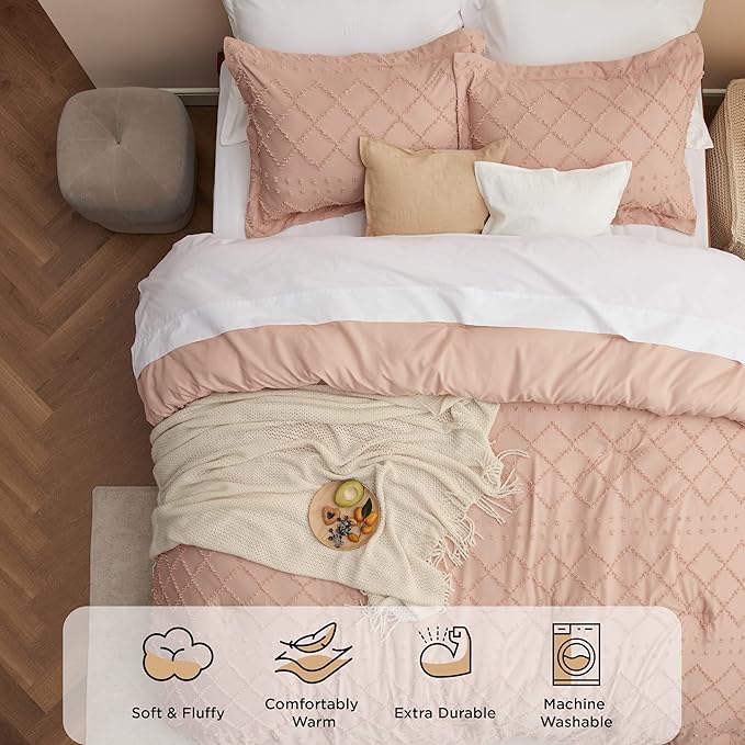 Bedsure Twin/Twin XL Comforter Set - Coral Pink Boho Twin Extra Long Comforter Set for College, Shabby Chic Dorm Bedding Set, 2 Pieces Modern Farmhouse Bed Set, includes 1 Pillow Sham