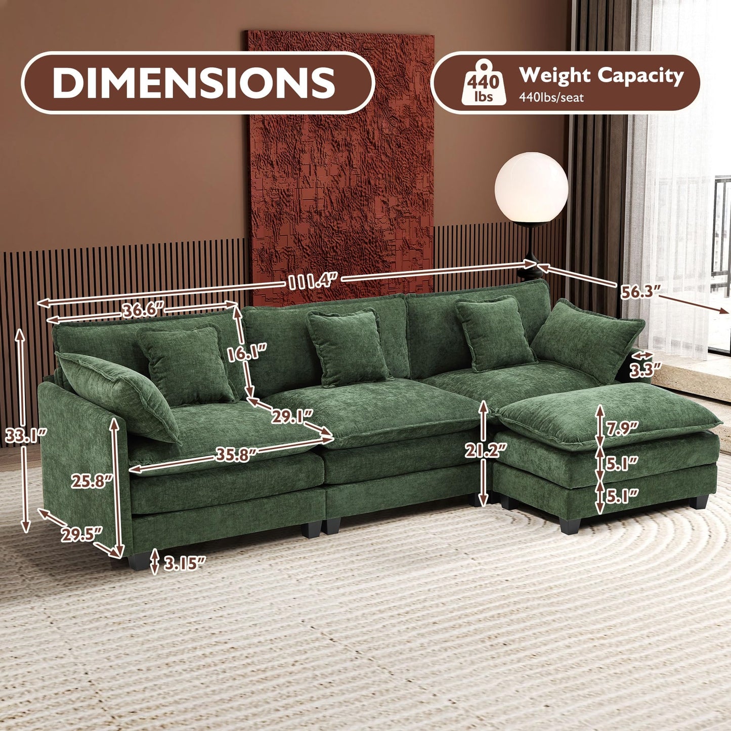 Ihanherry 111.4" L Shaped Modern Sofa Modular Sectional Cloud Couch with Ottoman, 4-Seat Chenille Deep Seat Sofa with Pillow for Living Room, Bedroom and Apartment, Beige