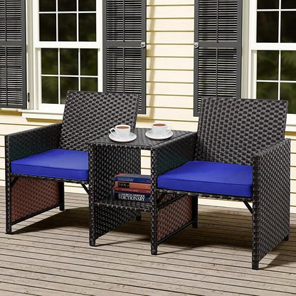 Shintenchi Wicker Patio Conversation Furniture Set with Detachable Chairs & Table and Two Removable Cushions,Rattan Wicker Lover Chair for Patio,Garden, Courtyard and Lawn Backyard (Deep Blue)