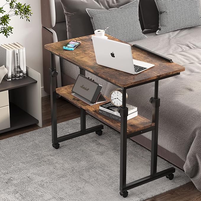 Small Portable Rolling Computer Desk Height Adjustable Standing Table, Brown