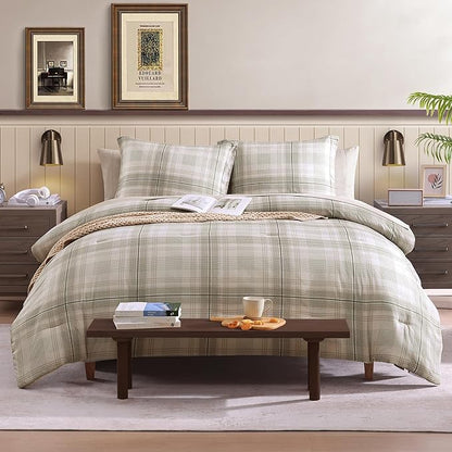 Beige Comforter Full Size, Khaki Green Plaid Full Size Comforter Sets for Boys & Girls,Classic Homestead-style Bedding Sets Full with Full Size Bed Sheets and Comforter Set