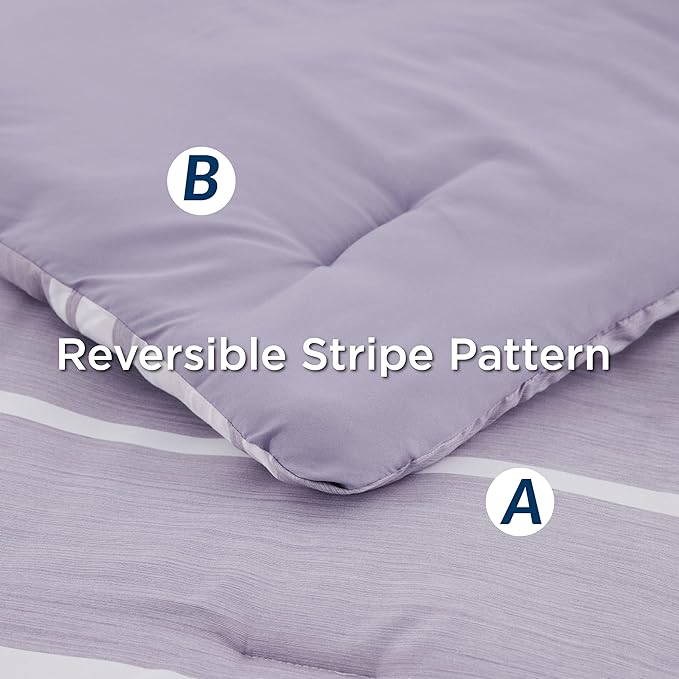 Bedsure Bed in a Bag California King Size 7 Pieces, Purple White Striped Bedding Comforter Sets All Season Bed Set, 2 Pillow Shams, Flat Sheet, Fitted Sheet and 2 Pillowcases