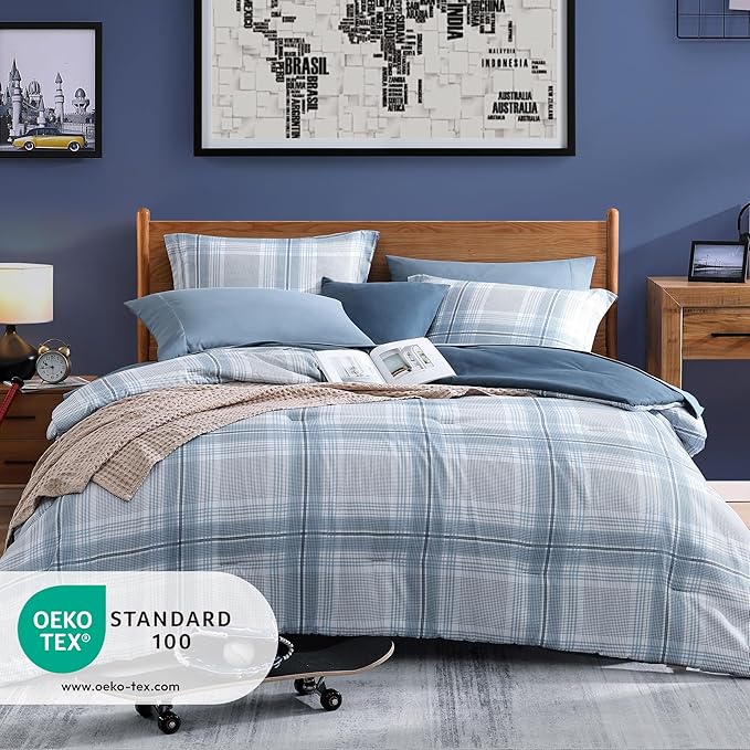 Light Blue Twin Bed Set, Plaid Twin XL Comforter Set for Boys & Girls,Classic Homestead-style Twin Comforter Set with Sheets and Comforter Set