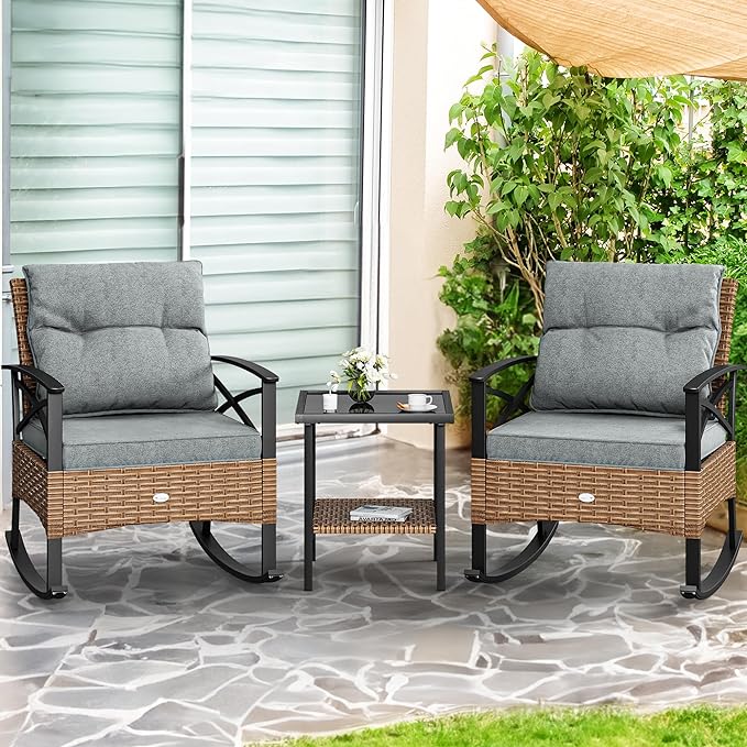 YITAHOME 3-Piece Outdoor Rocking Chair Bistro Set, Patio Wicker Rocking Chair Conversation Set with Glass Coffee Table & Soft Cushions for Balcony, Lawn and Porch Poolside (Light Brown+Gray)