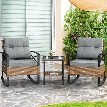 YITAHOME 3-Piece Outdoor Rocking Chair Bistro Set, Patio Wicker Rocking Chair Conversation Set with Glass Coffee Table & Soft Cushions for Balcony, Lawn and Porch Poolside (Light Brown+Gray)