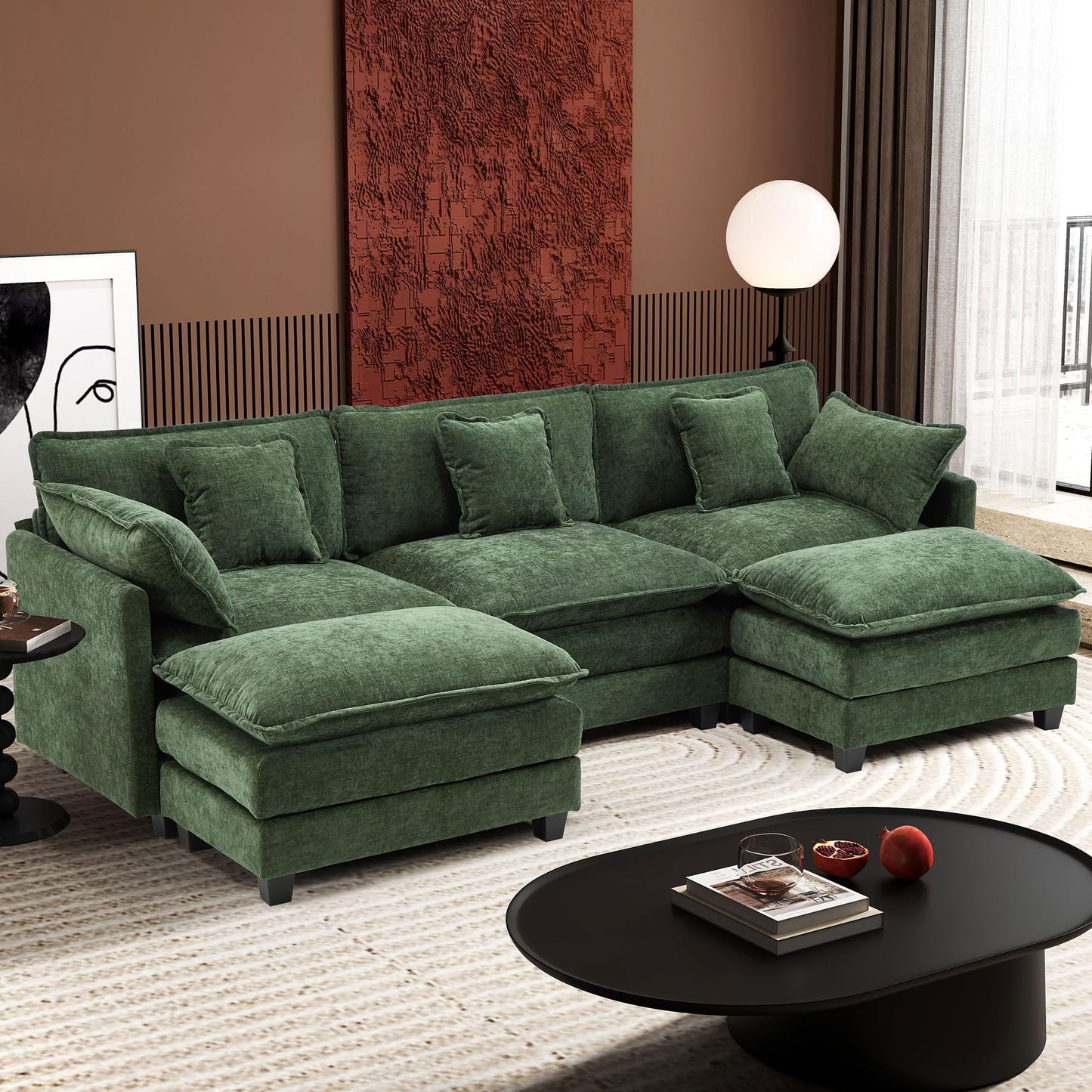 Ihanherry 111.4" L Shaped Modern Sofa Modular Sectional Cloud Couch with Ottoman, 4-Seat Chenille Deep Seat Sofa with Pillow for Living Room, Bedroom and Apartment, Beige