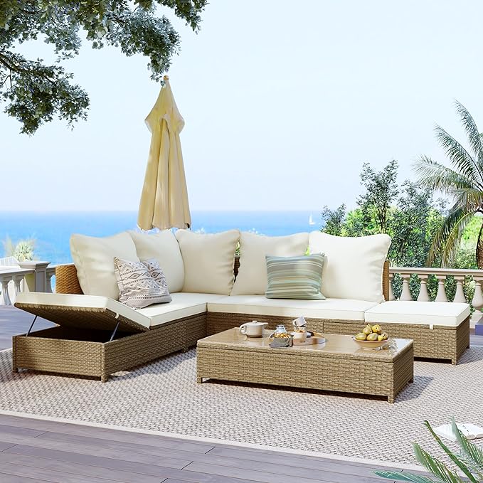 Merax Patio Furniture Sets Outdoor, All Weather PE Rattan Sofa with Adjustable Chaise Lounge, Seat Cushions and Tempered Glass Table, Beige