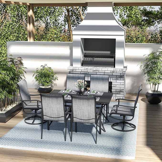 Pamapic 7 Pieces Patio Dining Set, Outdoor Dining Set for Garden Backyard Poolside Deck,Outdoor Table and Chairs Set with 4 Textilene Swivel Chairs ＆ 2 Regular Chairs,Gray
