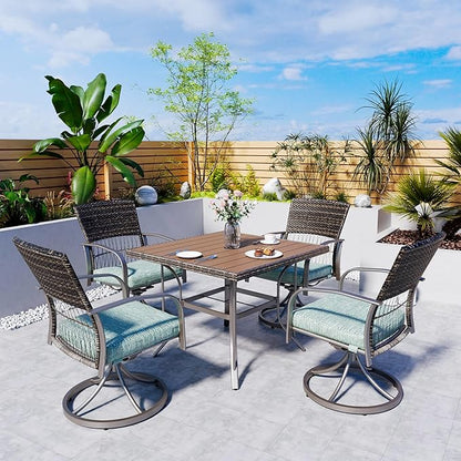 Pamapic 5 Piece Patio Dining Set for 4,Outdoor Wicker Furniture Set for Backyard Garden Deck Poolside with 4 Cushions Swivel Rocker Chairs,Square Plastic-Wood Table Top, Removable Cushions(Green)