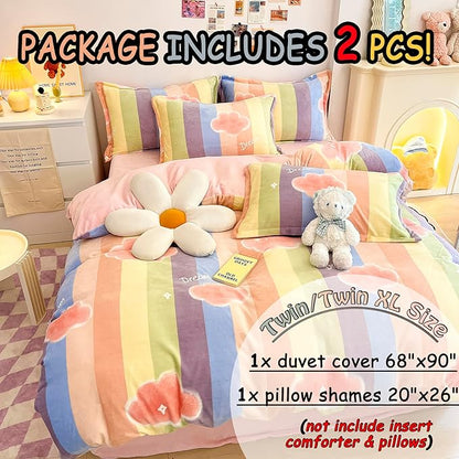 MorroMorn Twin Bedding Sets, Pink Rainbow Stripe Duvet Cover Set, Fluffy Comforter Covers Plush Blanket Ultra Soft Kawaii Cute for Girls Kids Toddler Teen Women Twin/Twin XL Size