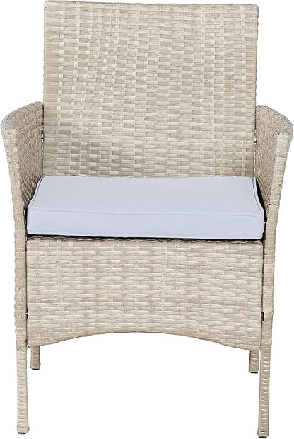 BTEXPERT Outdoor Wicker Conversation 3 Piece Bistro Set Garden Patio Yard Porch Furniture Space Saving Pe Rattan 2 Chairs Cushions Side Storage Glass Table Gray/Cream 3pc, OneSize