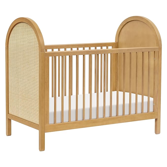babyletto Bondi Cane 3-in-1 Convertible Crib with Toddler Bed Conversion Kit in Honey with Natural Cane, Greenguard Gold Certified