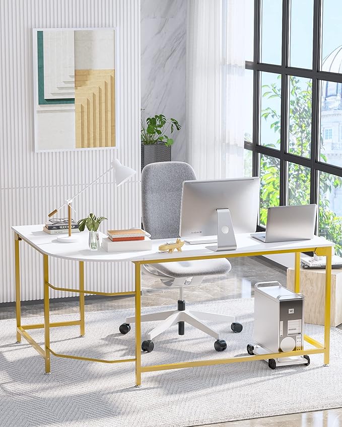 Teraves Modern L-Shaped Desk 66'' Corner Computer Desk Home Office Study Workstation Wood & Steel PC Laptop Gaming Table