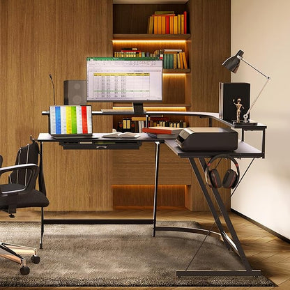 SHW Vista L Desk with U Monitor Stand and Drawer, Black