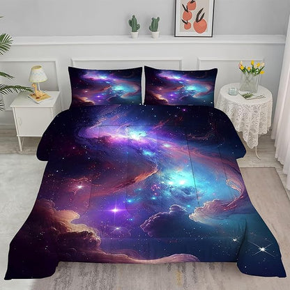 Galaxy Bedding Set Twin Size Blue Purple Outer Space Comforter Sets for Girls Boys Kids Teens Women Starry Glitter Nebula Quilt 1 Comforter + 1 Pillow Case