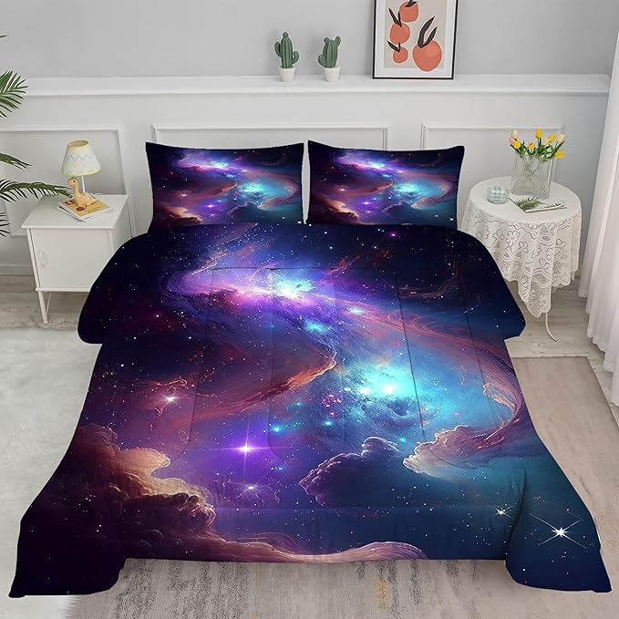 Purple Galaxy Bedding Set Full Size Outer Space Comforter Set for Girls Teens Kids Women Boys Starry Nebula Blue Glitter Quilt 1 Comforter + 2 Pillow Cases