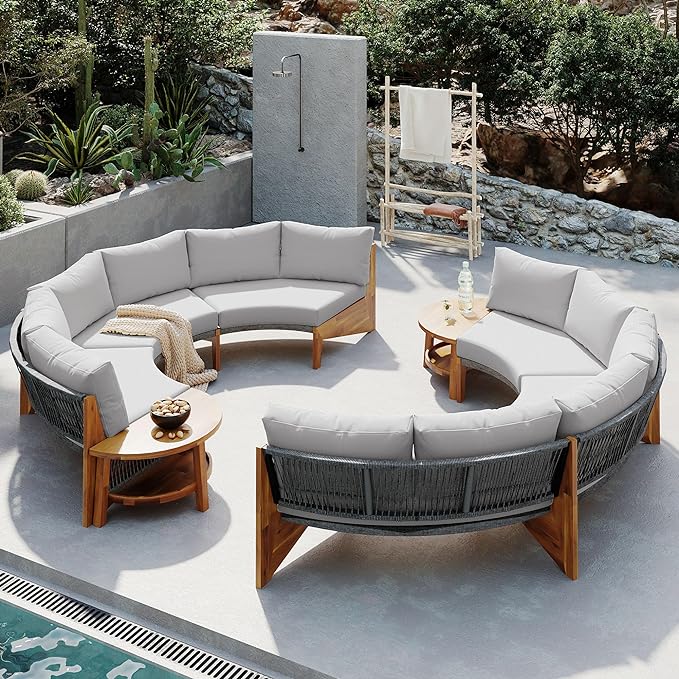 Merax Outdoor Sectional Patio Furniture Sets, Half Moon All Weather Wicker Seating Group, with Cushions and Round Coffee Table, Grey