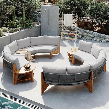 Merax Outdoor Sectional Patio Furniture Sets, Half Moon All Weather Wicker Seating Group, with Cushions and Round Coffee Table, Grey