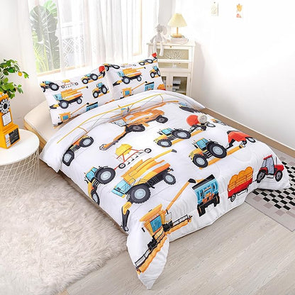 CVHOUSE Tractor Bedding Sets for Boys,Excavators Comforter Twin,Boys Cartoon Truck Comforter Set,Trucks Tractors Cars Quilt Set with 1 Comforter and 2 Pillow Cases- 3 Piece