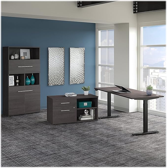 Bush Business Furniture Office 500 Height Adjustable Standing Desk with Storage and Bookcase, 72W, Storm Gray