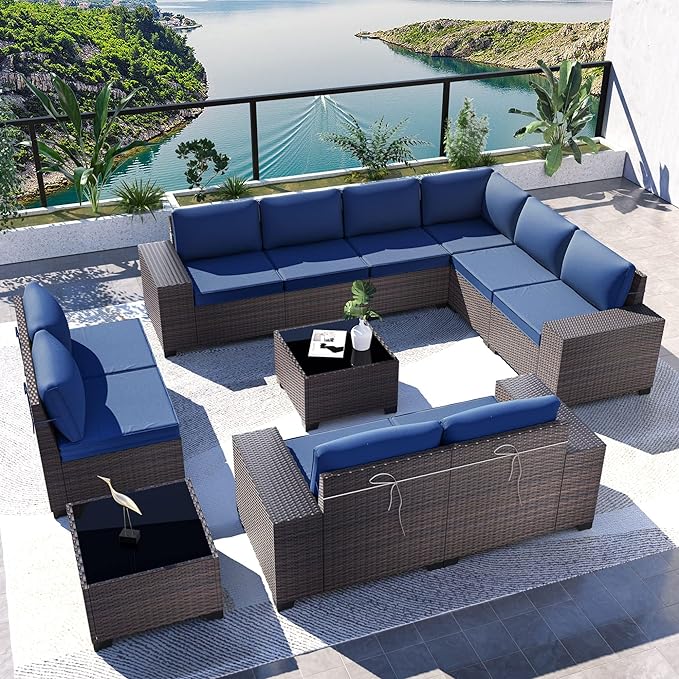Kullavik 12PCS Outdoor Patio Furniture Set PE Wicker Rattan Sectional Sofa Patio Conversation Sets,Navy blue