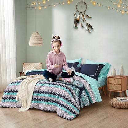 Degrees of Comfort Teen Twin Complete Comforter Sets for Girls, Boho Medallion Tween Bed in A Bag 6 Piece, Blue Microfiber Bedding Set with Sheets, Matching Decorative Pillow