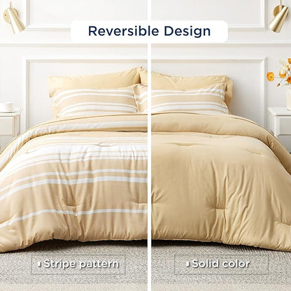 Bedsure Bed in a Bag California King Size 7-Piece Yellow White Striped Bedding Comforter Sets All Season Bed Set, 2 Pillow Shams, Flat Sheet, Fitted Sheet and 2 Pillowcases