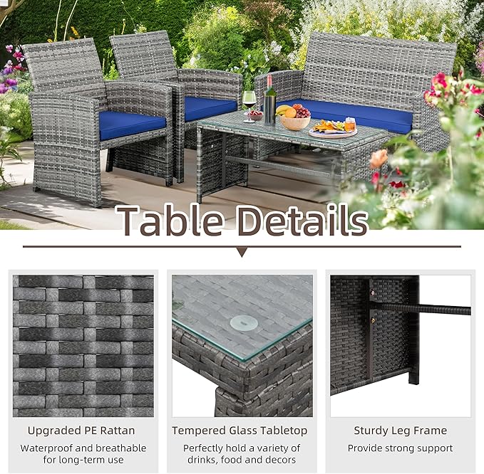 Shintenchi 4-Piece Outdoor Gray Wicker Patio Conversation Furniture Set, Rattan Patio Furniture Set with Weather Resistant Cushions and Tempered Glass Tabletop,Navy Blue
