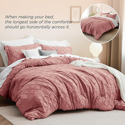 Bedsure King Size Comforter Set - Pink Clay Boho Comforter, Tufted Shabby Chic Bedding Comforter Set, 3 Pieces Vintage Farmhouse Bed Set for All Seasons, Fluffy Soft Bedding Set with 2 Pillow Shams