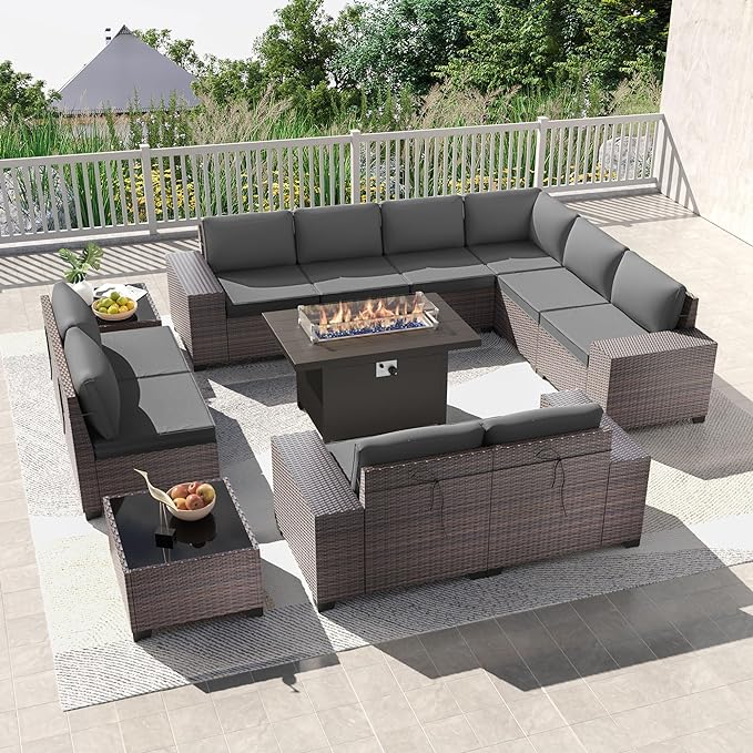Kullavik 13PCS Outdoor Patio Furniture Set with 43" 55000BTU Gas Propane Fire Pit Table PE Wicker Rattan Sectional Sofa Patio Conversation Sets,Grey