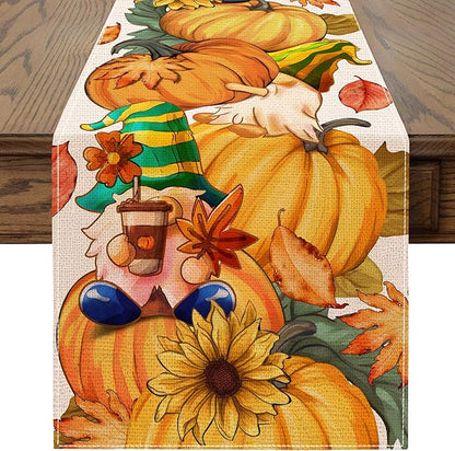 Fall Table Runner 90 Inches Long Autumn Table Runner Pumpkins Maple Leaves Gnome Fall Theme Decor for Kitchen Dining Table Home Party Decorations