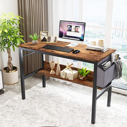 DKLGG Small Computer Desk Study Table, 43 Inch Home Office Laptop Table for Small Spaces, Modern Work Writing Table with Storage Bag & Headphone Hook, Rustic Brown