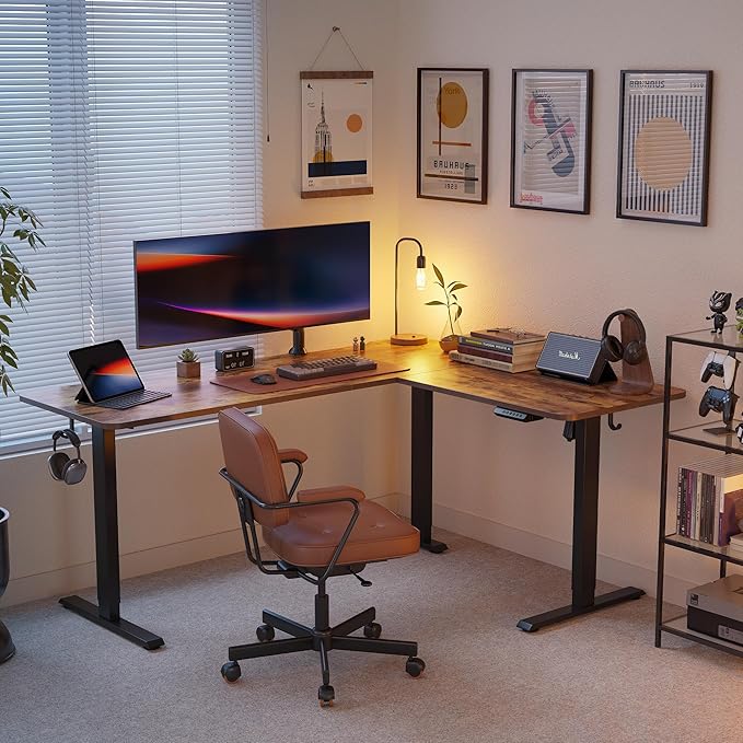 FEZIBO L Shaped Standing Desk Adjustable Height, 63 Inch Electric Stand up Corner Computer Desk, Sit Stand Home Office Desk with Splice Board, Rustic Brown Top/Black Frame