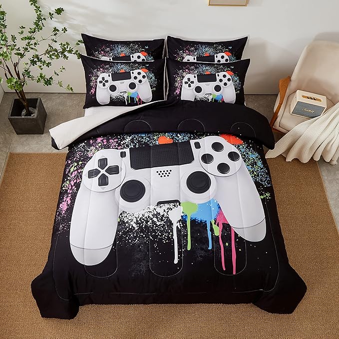Gamer Bedding Sets for Boys, Twin Size 2-Piece Gaming Comforter Sets for Kids Teens, Soft Microfiber Video Game Bedding Sets for Game Lovers, 1 Comforter and 1 Pillowcase(White,Twin)