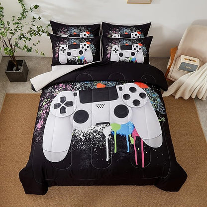 Gamer Bedding Sets for Boys, Queen Size 3-Piece Gaming Comforter Sets for Kids Teens, Soft Microfiber Video Game Bedding Sets for Game Lovers, 1 Comforter and 2 Pillowcase(White,Queen)