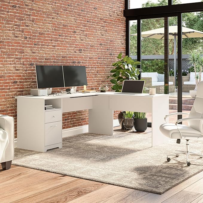 Bush Furniture L Shaped Desk with Drawers for Executive and Home Office | Cabot Collection Corner Table with Storage and Chrome Hardware Return, 72W, White