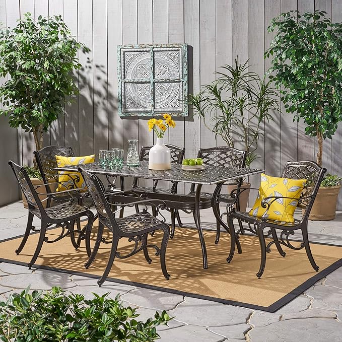 Christopher Knight Home Hallandale Outdoor Sarasota Cast Aluminum Rectangular Dining Set, 7-Pcs Set, Hammered Bronze
