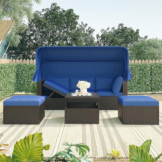 Patio Rectangle Daybed with Retractable Canopy and Lift Up Side Table, PE Rattan Wicker Outdoor Furniture Sectional Sofa Set Sunbed w/Ottoman for Garden, Onesize, Grey Rattan&Blue Cushions