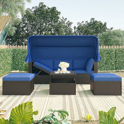 Patio Rectangle Daybed with Retractable Canopy and Lift Up Side Table, PE Rattan Wicker Outdoor Furniture Sectional Sofa Set Sunbed w/Ottoman for Garden, Onesize, Grey Rattan&Blue Cushions