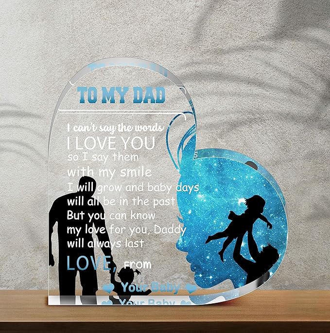 Birthday Gifts for Dad Father, Blue Heart Shaped Acrylic Desk Decor for Home Office Gifts for Dad from Daughter