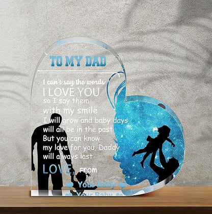 Birthday Gifts for Dad Father, Blue Heart Shaped Acrylic Desk Decor for Home Office Gifts for Dad from Daughter