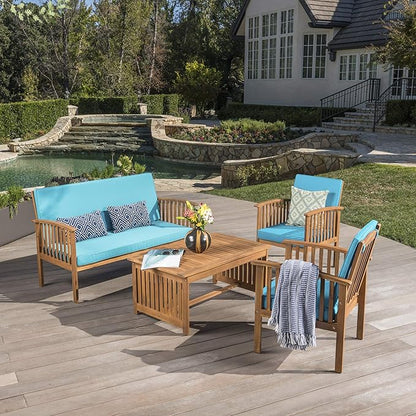Christopher Knight Home Carolina Outdoor Acacia Wood Sofa Set with Water Resistant Cushions, 4-Pcs Set, Brown Patina / Teal