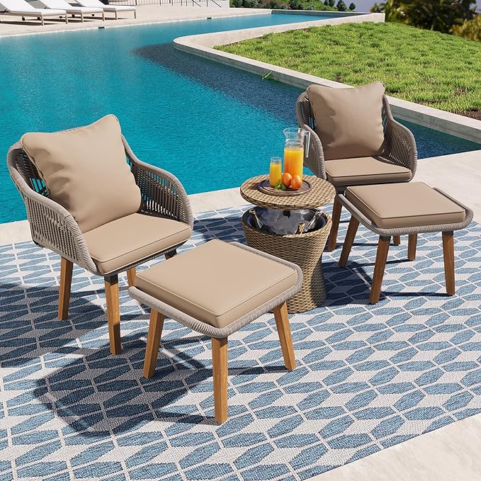 5-Pieces Outdoor Furniture Bistro Set with Wicker Cool Bar Table, Rope Weaving Patio Chairs and Ottomans for Porch Backyard Balcony Poolside, Onesize, Brown