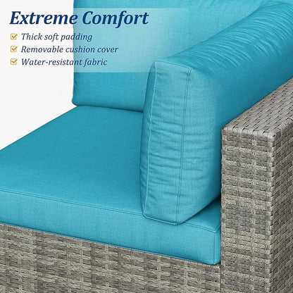 SUNVIVI OUTDOOR 7 Piece Patio Furniture Sets All Weather Grey PE Wicker Couch Sofa with Glass Table, Removable Blue Cushions