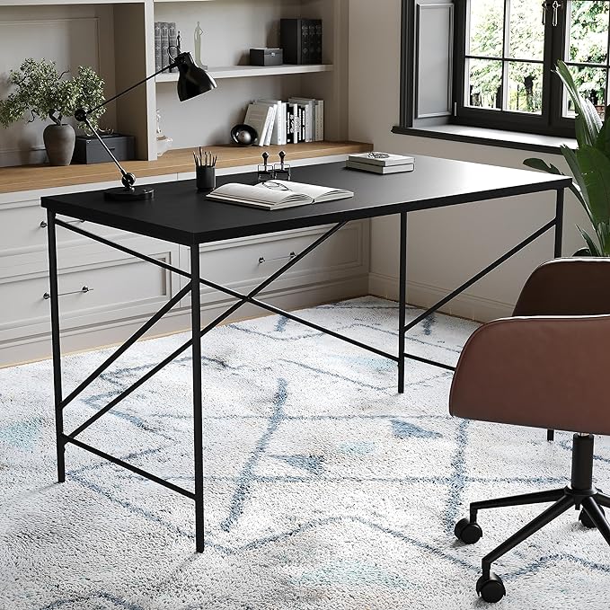Martha Stewart Maddox Home Office Parsons Desk in Black Wood Grain with Oil Rubbed Bronze Metal X-Frame