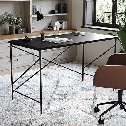Martha Stewart Maddox Home Office Parsons Desk in Black Wood Grain with Oil Rubbed Bronze Metal X-Frame
