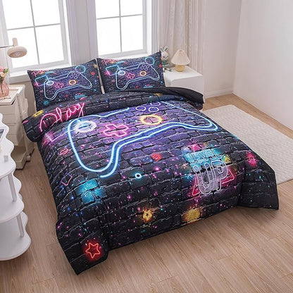 Full Size Comforter Set for Boys, Gamer Bedding Set, 3 Pieces, Gamepad 06, Polyester, All Seasons, Machine Wash