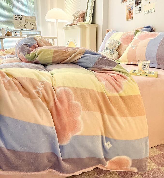 MorroMorn Twin Bedding Sets, Pink Rainbow Stripe Duvet Cover Set, Fluffy Comforter Covers Plush Blanket Ultra Soft Kawaii Cute for Girls Kids Toddler Teen Women Twin/Twin XL Size